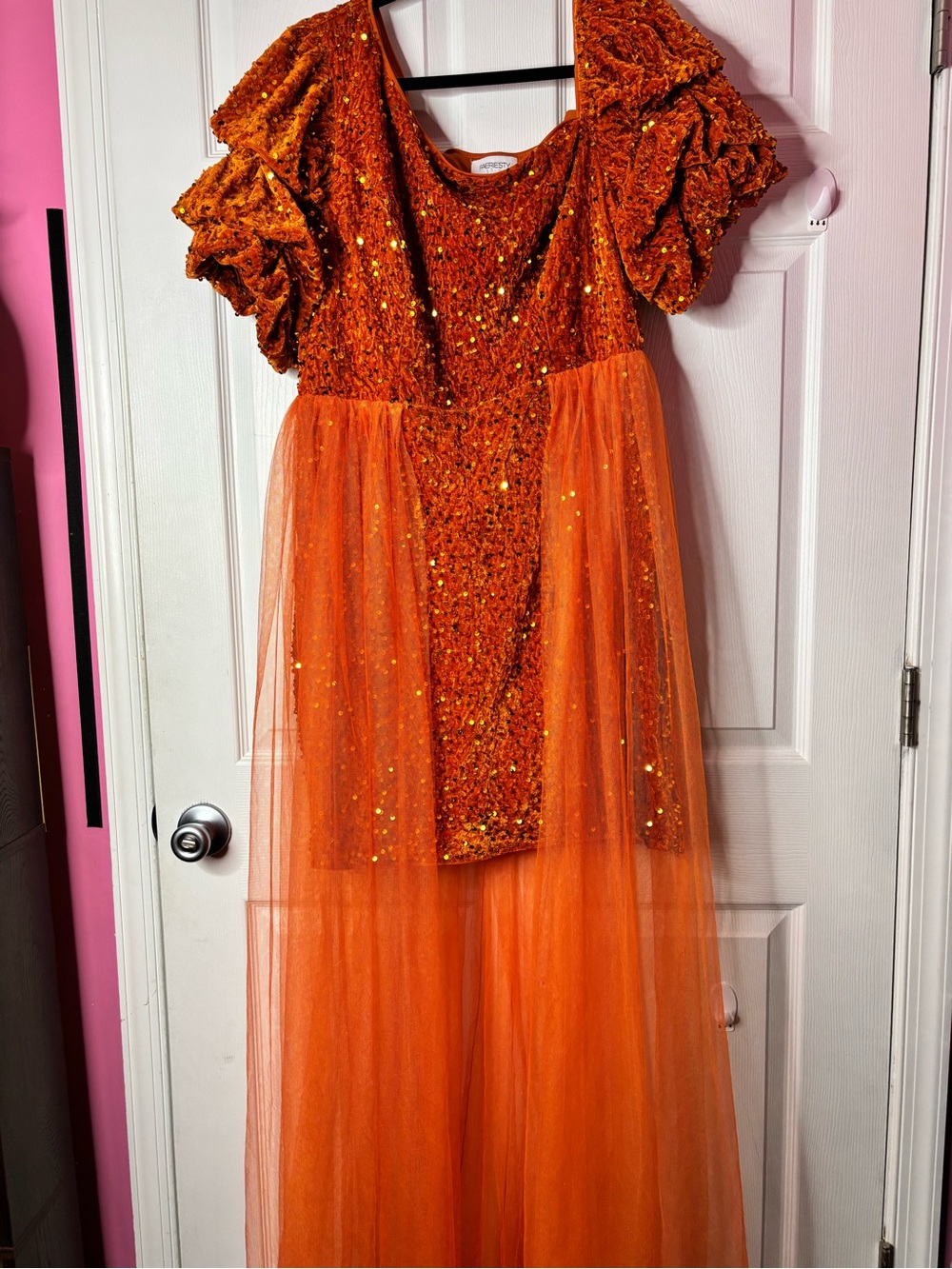 Faeriesty Plus Orange Sequin Party Dress Mesh Overlay Off Shoulder Puff Sleeve